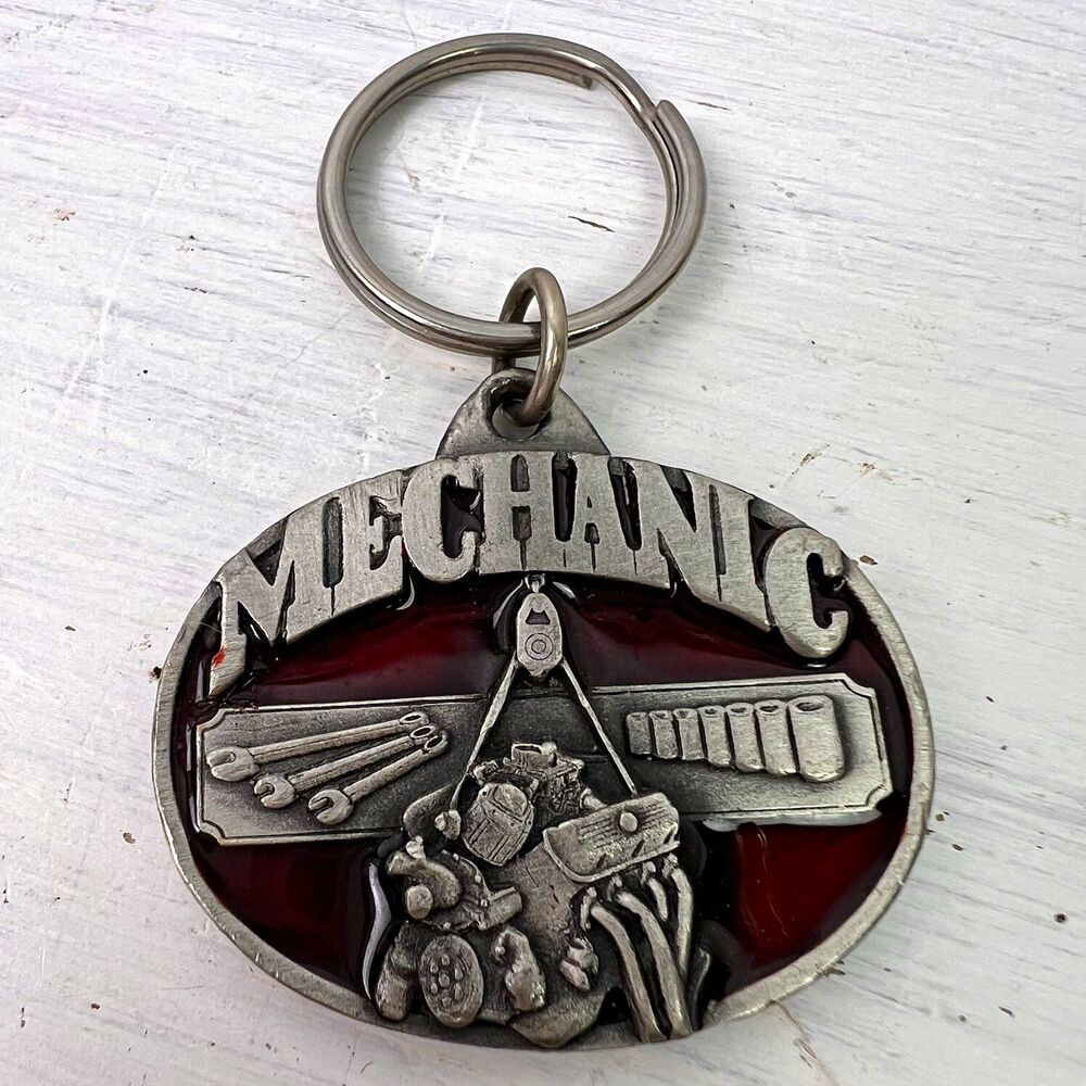 Vintage 1987 Siskiyou Mechanic Keychain Red Enamel Engine Tools 870049